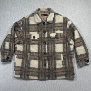 Zara Plaid Wool Blend Overshirt Jacket Brown Cream Button-Down Pockets Size XXL